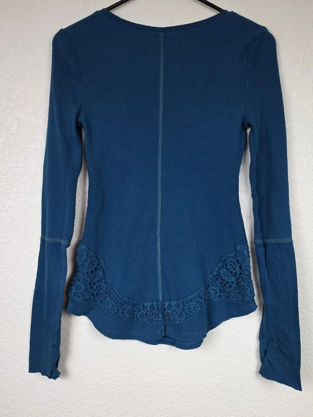 Free People Vintage Blue Lacey Applique Long Sleeve Thermal